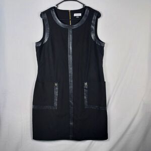 Calvin Klein Black Faux Leather Trim Dress Size 14 NWT Sleeveless Shift